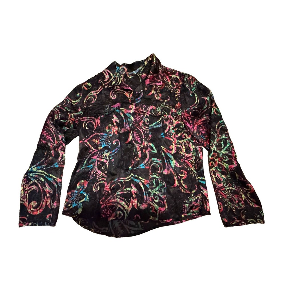 Women's Black Multicolor Paisley Burnout Velvet Button Up Shirt Y2K Artsy